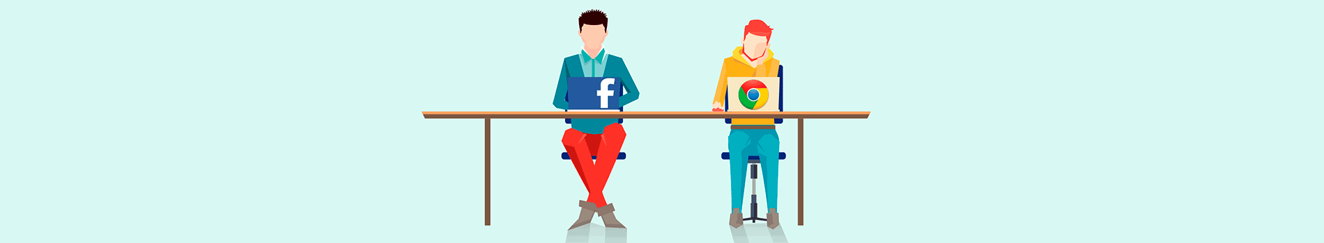 Two people sitting at desk with one Google Laptop and one with a Facebook laptop graphic design image